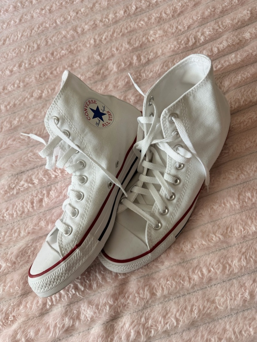 Converse White High Top Sneakers with Red and Navy Accents
